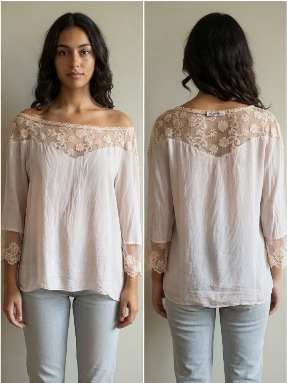 Elena Baidi Made In Italy Silk Blouse Size L Blush Pink Floral Lace Trim Top